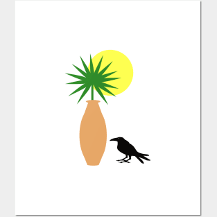 Boho Pot with Palm Leaf and a crow Posters and Art